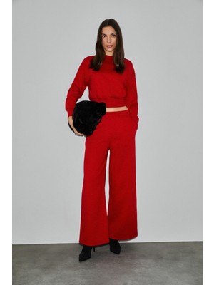 Grimelange Karalıs Kadın Pamuklu Bisiklet Yaka Crop Kırmızı Sweatshirt