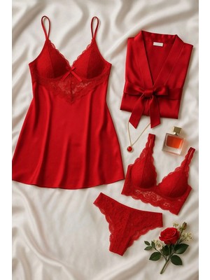 Çeyize Dair Herşey Crimson Kırmızı Saten & Dantel Lingerie Set – Şık Iç Çeyiz Takımı