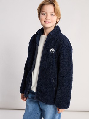 LC Waikiki Pelüş Dik Yaka Fermuarlı Hırka Erkek Çocuk Kalın Kumaş Baskılı Tasarım