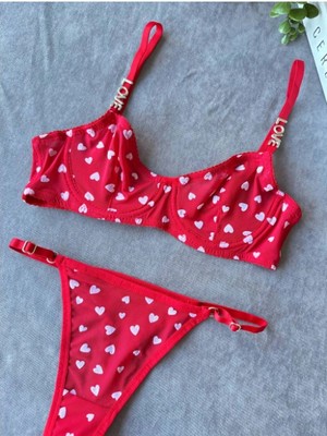 Arona Kadın Love Serisi Kalpli Brode Işlemeli Sütyen Takımı Kırmızı