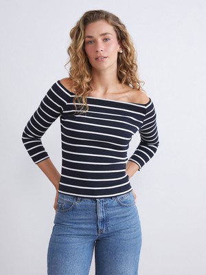 Lc Waikiki Yeni Sezon Kayık Yaka Çizgili Kadın Tişört