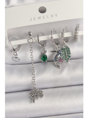 Lokiboo Pirinç Gümüş Renk Sallantı Zirkon Taşlı Ağaç Figür Çoklu Kadın Küpe Seti - Lisinya