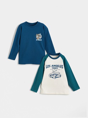 Lc Waikiki Yeni Sezon Bisiklet Yaka Baskılı Uzun Kollu Erkek Çocuk Tişört 2'li