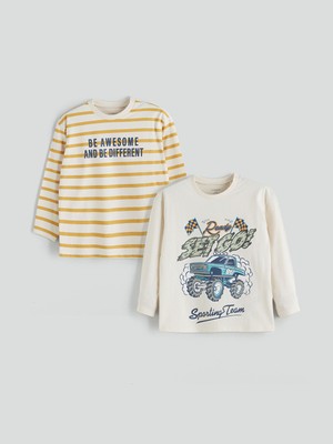 Lc Waikiki Yeni Sezon Bisiklet Yaka Baskılı Erkek Çocuk Tişört 2'li