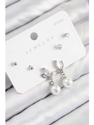 Lokiboo Pirinç Zirkon Taşlı Inci Sallantılı Damla Model Gümüş Renk 925 Ayar Gümüş Çivi Kadın Küpe Set - Lisinya