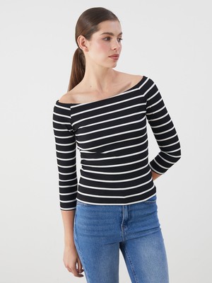 Lc Waikiki Yeni Sezon Kayık Yaka Çizgili Kadın Tişört