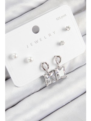 Lokiboo Pirinç Zirkon Taşlı Sallantılı Kare Model Gümüş Renk 925 Ayar Gümüş Çivi Kadın Küpe Set - Lisinya