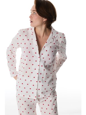 Penti Kırık Beyaz Kırmızı Kalp Gömlek Uzun Kollu Pijama Takımı