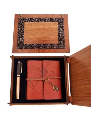 ForWhat Büro Ev Ofis Hediyesi Için Ahşap Kutulu 2parça Kahve Deri Defter Metal Bakır Kalem