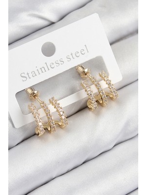 Pazarcan Pirinç Zirkon Taşlı Model Gold Renk Kadın Küpe