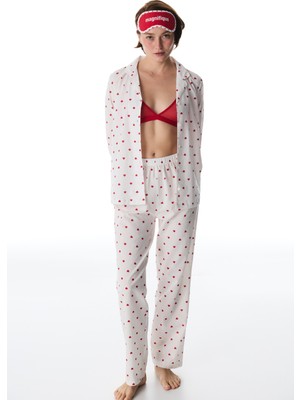 Penti Kırık Beyaz Red Hearts Düğmeli Gömlek Pantolon Pijama Takımı