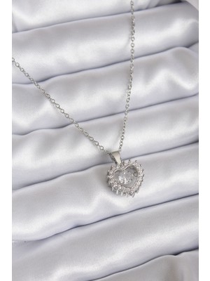 Pazarcan 316L Çelik Zincir Gümüş Renk Zirkon Taşlı Kalp Model Kadın Kolye