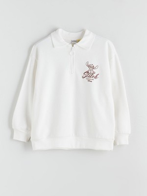Lc Waikiki Yeni Sezon Polo Yaka Stitch Baskılı Kız Çocuk Sweatshirt