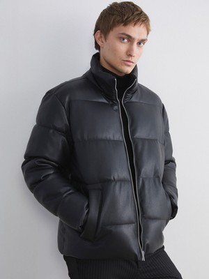 Lc Waikiki Yeni Sezon Rahat Kalıp Dik Yaka Erkek Deri Görünümlü Mont