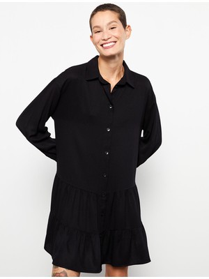 Lc Waikiki Yeni Sezon Gömlek Yaka Düz Uzun Kollu Viskon Elbise