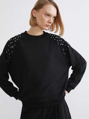 Lc Waikiki Yeni Sezon Bisiklet Yaka Taşlı Oversize Kadın Sweatshirt