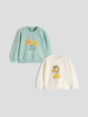 Lc Waikiki Yeni Sezon Bisiklet Yaka Baskılı Kız Çocuk Sweatshirt 2'li