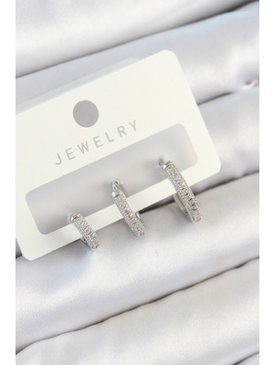 Lokiboo Pirinç Zirkon Taşlı Halka Model Gümüş Renk 3'lü Çift Kadın Küpe Set - Lisinya