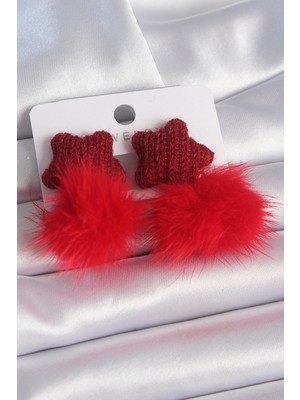 Lokiboo Kırmızı Renk Tüylü Yıldız Ponpon Model Kadın Küpe - Lisinya