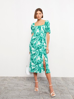 Lc Waikiki Yeni Sezon Kare Yaka Desenli Balon Kollu Viskon Elbise