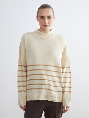 Lc Waikiki Yeni Sezon Yarım Balıkçı Yaka Çizgili Oversize Kadın Triko Kazak