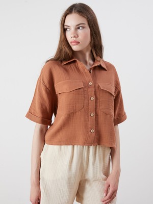 Lc Waikiki Yeni Sezon Crop Keten Görünümlü Kadın Gömlek