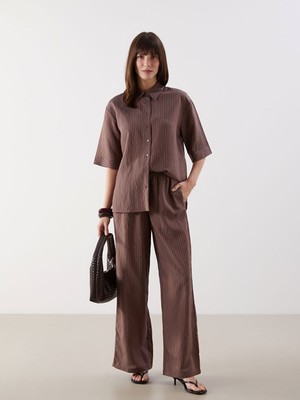 Lc Waikiki Yeni Sezon Beli Lastikli Çizgili Saten Kadın Pantolon