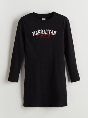 Lc Waikiki Yeni Sezon Bisiklet Yaka Manhattan Baskılı Kız Çocuk Elbise