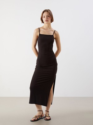 Lc Waikiki Yeni Sezon Kare Yaka Askılı Büzgülü  Elbise