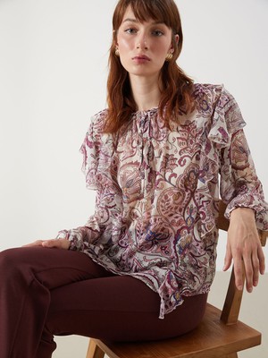 Lc Waikiki Yeni Sezon Bağlamalı Yaka Desenli Bluz