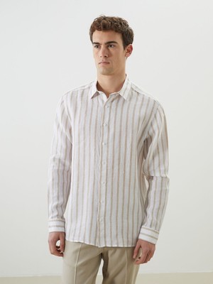 Lc Waikiki Yeni Sezon Regular Fit Uzun Kollu Çizgili %100 Keten Erkek Gömlek