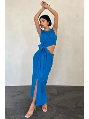 Yeşil Sarmaşık Turkuaz Kuşaklı Crop ve Etek Takım