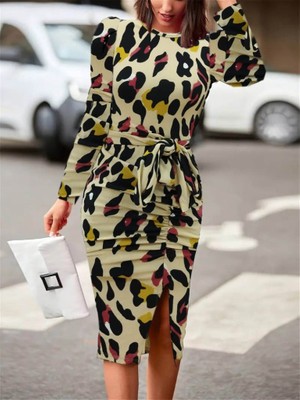 Yeşil Sarmaşık Kadın Uzun Kollu Yuvarlak Yaka Belden Kuşaklı Önden Yırtmaçlı Örme Krep Elbise