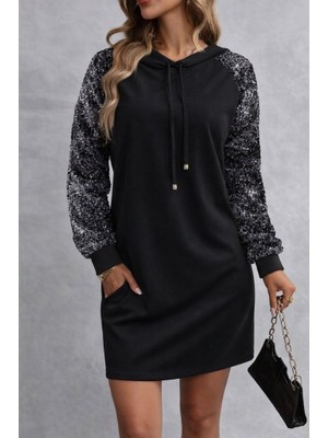 Yeşil Sarmaşık Kadın Uzun Kollu Pulpayetli Bağcıklı Cep Detaylı Mini Viskon Iki Iplik Elbise