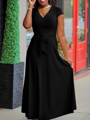 Yeşil Sarmaşık Kadın Kısa Kollu V Yakalı Belden Kuşaklı Maksi Boy Viskon Elbise