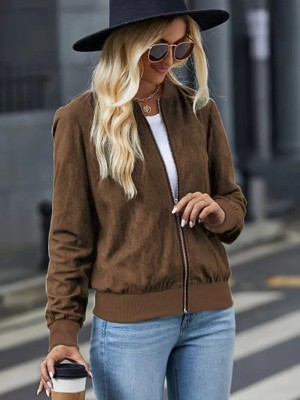 Yeşil Sarmaşık Kadın Uzun Kollu Önden Fermuarlı Süet Ceket