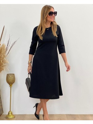 Yeşil Sarmaşık Kadın Uzun Truvakar Kol Bisiklet Yaka Midi Modal Elbise