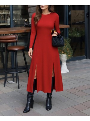 Yeşil Sarmaşık Kadın Uzun Kollu Hafif Kayık Yaka Sırt Dekolteli Yırtmaç Detaylı Viskon Tam Boy Elbise