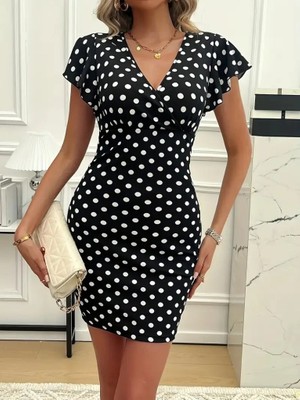 Yeşil Sarmaşık Kadın Kısa Kollu Kruvaze Yakalı Örme Puantiyeli Krep Elbise