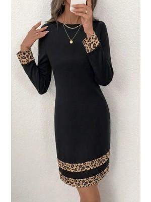 Yeşil Sarmaşık Kadın Uzun Kollu Bisiklet Yaka Mini Ithal Krep Elbise