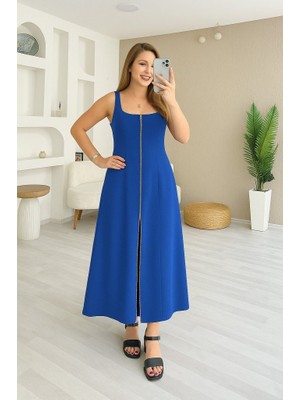 Yeşil Sarmaşık Kadın Askılı Kare Yaka Önden Fermuarlı Geniş Kesim Janjan Krep Elbise