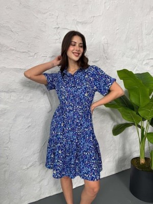 Yeşil Sarmaşık Baskılı Keten Elbise - Lacivert-Beyaz