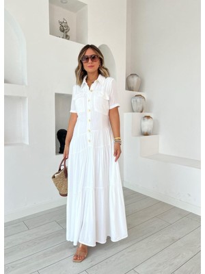 Yeşil Sarmaşık Kadın Dokuma Kumaş Cep Detaylı Maxi Boy Gömlek Elbise