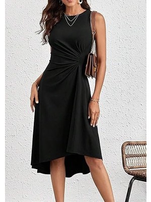 Yeşil Sarmaşık Kadın Sıfır Kollu Bisiklet Yaka Büzgülü Asimetrik Kesim Detaylı Janjan Krep Elbise