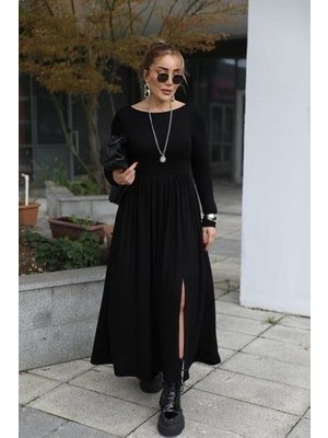 Yeşil Sarmaşık Kadın Kayık Yaka Sırt Dekoltesi ve Yırtmaç Detay Maxi Boy Elbise