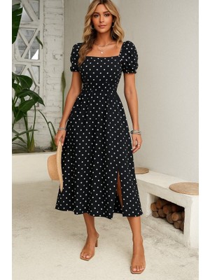 Yeşil Sarmaşık Kadın Kısa Kollu Geometrik Yaka Yırtmaçlı Puantiyeli Midi Örme Krep Elbise