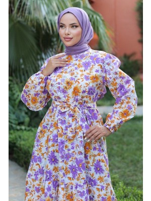 Yeşil Sarmaşık Kadın Uzun Çiçek Yaprak Desenli Belden Bağlamalı Elbise