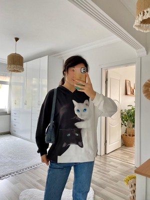 Yeşil Sarmaşık Kadın Uzun Kollu Kapşonlu Bağcıklı Kedi Desenli Şardonlu Dalgıç Bluz