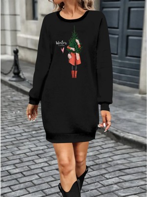 Yeşil Sarmaşık Kadın Uzun Kollu Bisiklet Yaka Desenli Kısa Viskon Iki Iplik Elbise