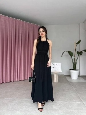 Yeşil Sarmaşık Kadın Krinkil Kumaş Beli Gipeli Halter Yaka Maxi Boy Elbise